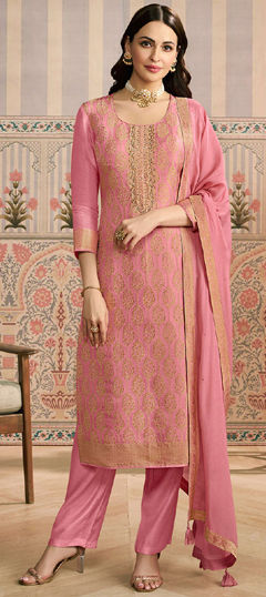 Pink and Majenta color Salwar Kameez in Jacquard, Shimmer fabric with Embroidered, Thread, Zari work