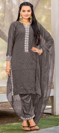 Black and Grey color Salwar Kameez in Georgette fabric with Embroidered work