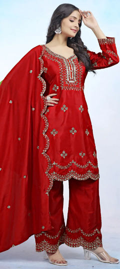 Red and Maroon color Salwar Kameez in Crepe Silk fabric with Embroidered, Sequence work