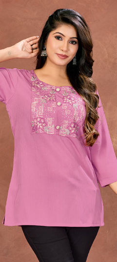 Pink and Majenta color Tops and Shirts in Cotton fabric with Embroidered, Resham, Zari work