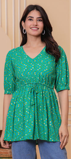 Blue color Kurti in Rayon fabric with Lehariya, Printed work