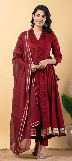 Red and Maroon color Salwar Kameez in Rayon fabric with Gota Patti work