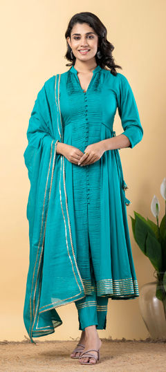 Green color Salwar Kameez in Rayon fabric with Gota Patti work