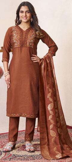 Beige and Brown color Salwar Kameez in Roman Silk fabric with Embroidered, Sequence work