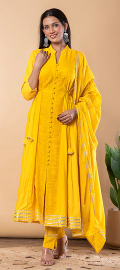 Yellow color Salwar Kameez in Rayon fabric with Gota Patti work