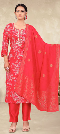 Pink and Majenta color Salwar Kameez in Satin Silk fabric with Cut Dana, Foil Print, Gota Patti, Sequence work