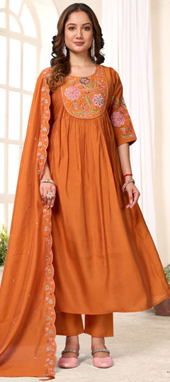 Orange color Salwar Kameez in Roman Silk, Viscose fabric with Embroidered, Sequence work