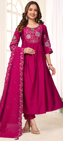 Pink and Majenta color Salwar Kameez in Roman Silk, Viscose fabric with Embroidered, Sequence work