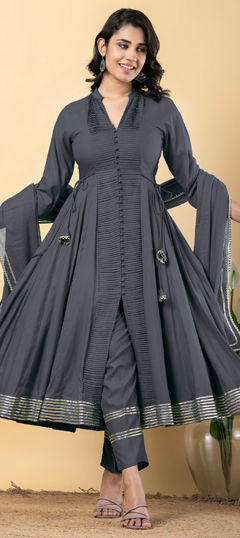 Black and Grey color Salwar Kameez in Rayon fabric with Gota Patti work