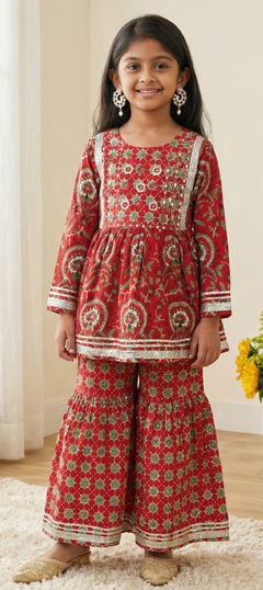 Red and Maroon color Girls Top with Bottom in Cotton fabric with Embroidered, Mirror, Printed work
