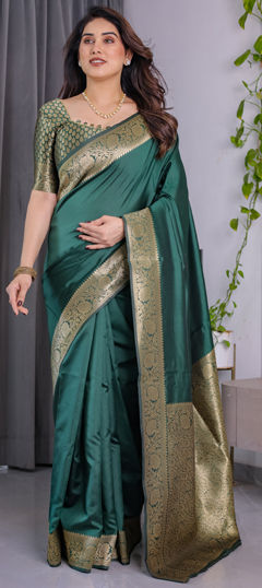 Green color Saree in Jacquard fabric with Weaving work