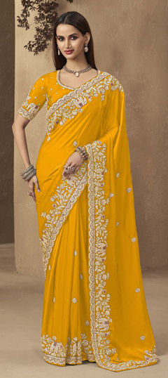 Yellow color Saree in Satin Silk fabric with Embroidered, Sequence, Thread, Zari work