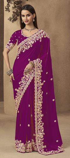 Purple and Violet color Saree in Satin Silk fabric with Embroidered, Sequence, Thread, Zari work