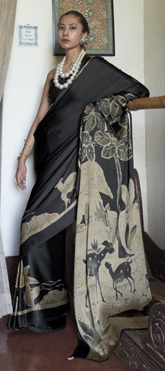 Black and Grey color Saree in Satin Silk fabric with Printed work
