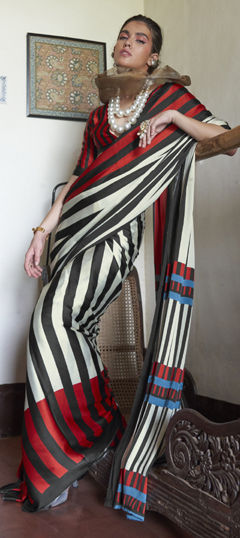 Black and Grey, White and Off White color Saree in Satin Silk fabric with Printed work