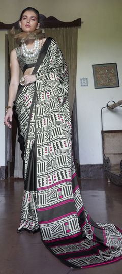 Black and Grey, White and Off White color Saree in Satin Silk fabric with Printed work