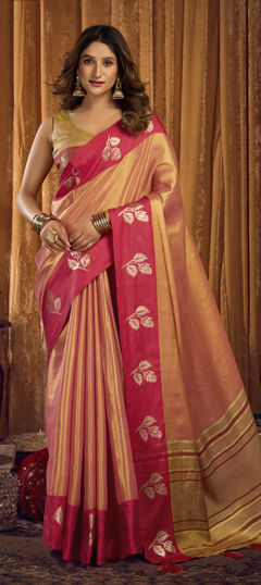 Pink and Majenta color Saree in Tissue fabric with Weaving work