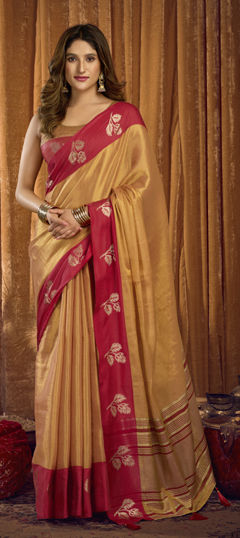 Beige and Brown color Saree in Tissue fabric with Weaving work
