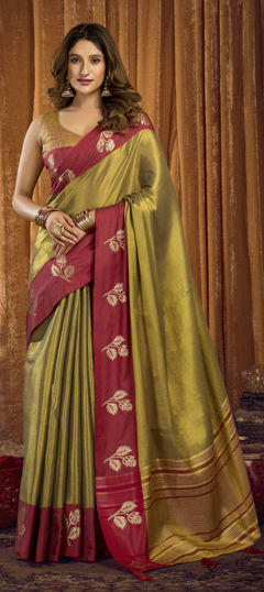 Green color Saree in Tissue fabric with Weaving work