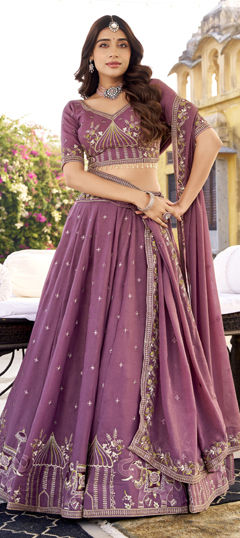 Purple and Violet color Lehenga in Crushed Silk fabric with Embroidered, Sequence, Thread work