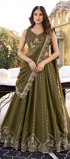 Green color Lehenga in Crushed Silk fabric with Embroidered, Sequence, Thread work