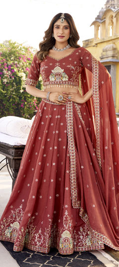 Red and Maroon color Lehenga in Crushed Silk fabric with Embroidered, Sequence, Thread work