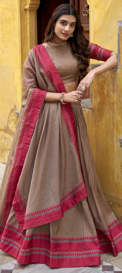 Beige and Brown color Lehenga in Chanderi Silk fabric with Thread work