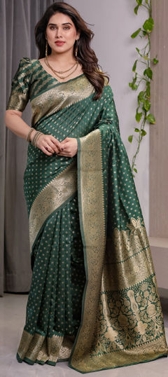 Green color Saree in Jacquard fabric with Weaving work