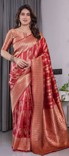 Red and Maroon color Saree in Jacquard fabric with Weaving work
