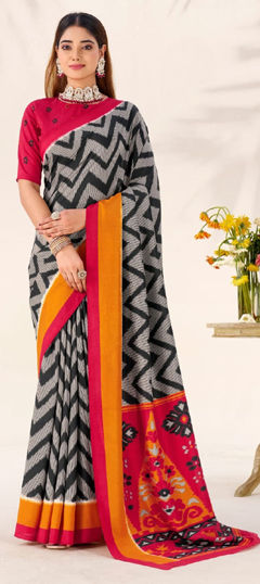 Black and Grey color Saree in Tussar Silk fabric with Printed work
