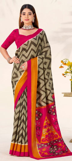 Beige and Brown color Saree in Tussar Silk fabric with Printed work