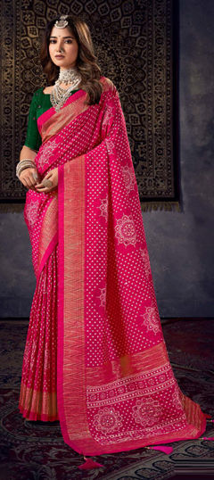 Pink and Majenta color Saree in Silk fabric with Bandhej, Printed work