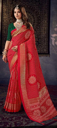 Yellow color Saree in Silk fabric with Bandhej, Printed work