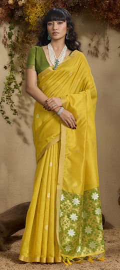 Yellow color Saree in Tussar Silk fabric with Weaving work