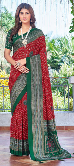 Green, Red and Maroon color Saree in Silk fabric with Bandhej, Printed work