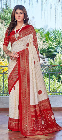Red and Maroon, White and Off White color Saree in Silk fabric with Bandhej, Printed work