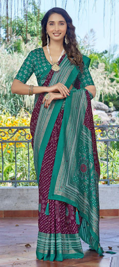 Green, Purple and Violet color Saree in Silk fabric with Bandhej, Printed work
