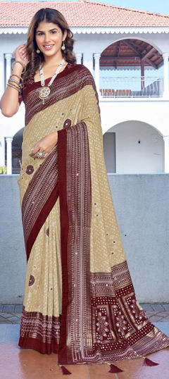 Beige and Brown, Red and Maroon color Saree in Silk fabric with Bandhej, Printed work