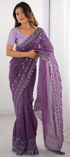 Purple and Violet color Saree in Crushed Silk fabric with Embroidered work