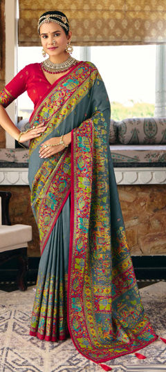 Black and Grey color Saree in Silk fabric with Weaving work
