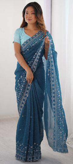 Blue color Saree in Crushed Silk fabric with Embroidered work