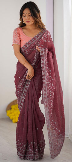 Purple and Violet color Saree in Crushed Silk fabric with Embroidered work