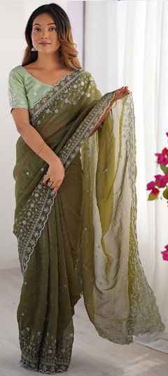 Green color Saree in Crushed Silk fabric with Embroidered work