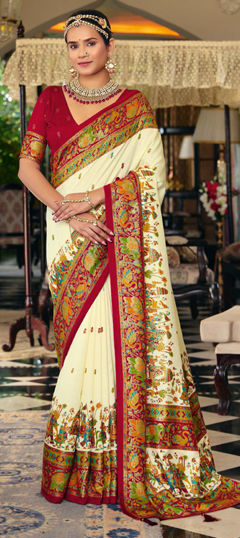 White and Off White color Saree in Silk fabric with Weaving work