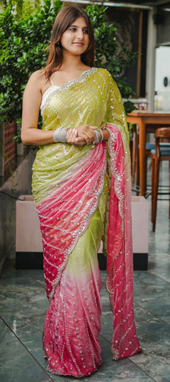 Green color Saree in Satin Silk fabric with Bugle Beads, Sequence work