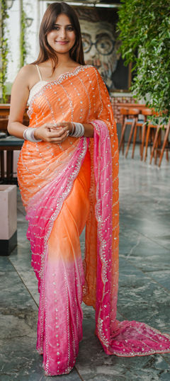 Orange color Saree in Satin Silk fabric with Bugle Beads, Sequence work