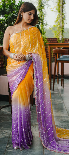 Yellow color Saree in Satin Silk fabric with Bugle Beads, Sequence work