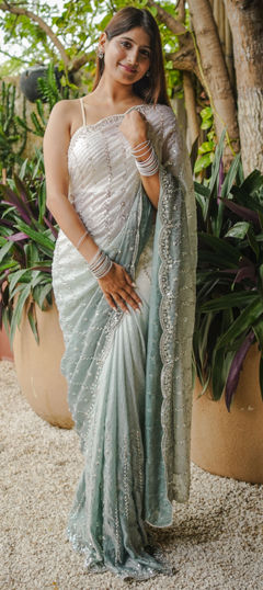 White and Off White color Saree in Satin Silk fabric with Bugle Beads, Sequence work