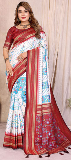 White and Off White color Saree in Silk fabric with Weaving work