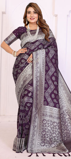 Purple and Violet color Saree in Georgette fabric with Lehariya, Weaving, Zari work